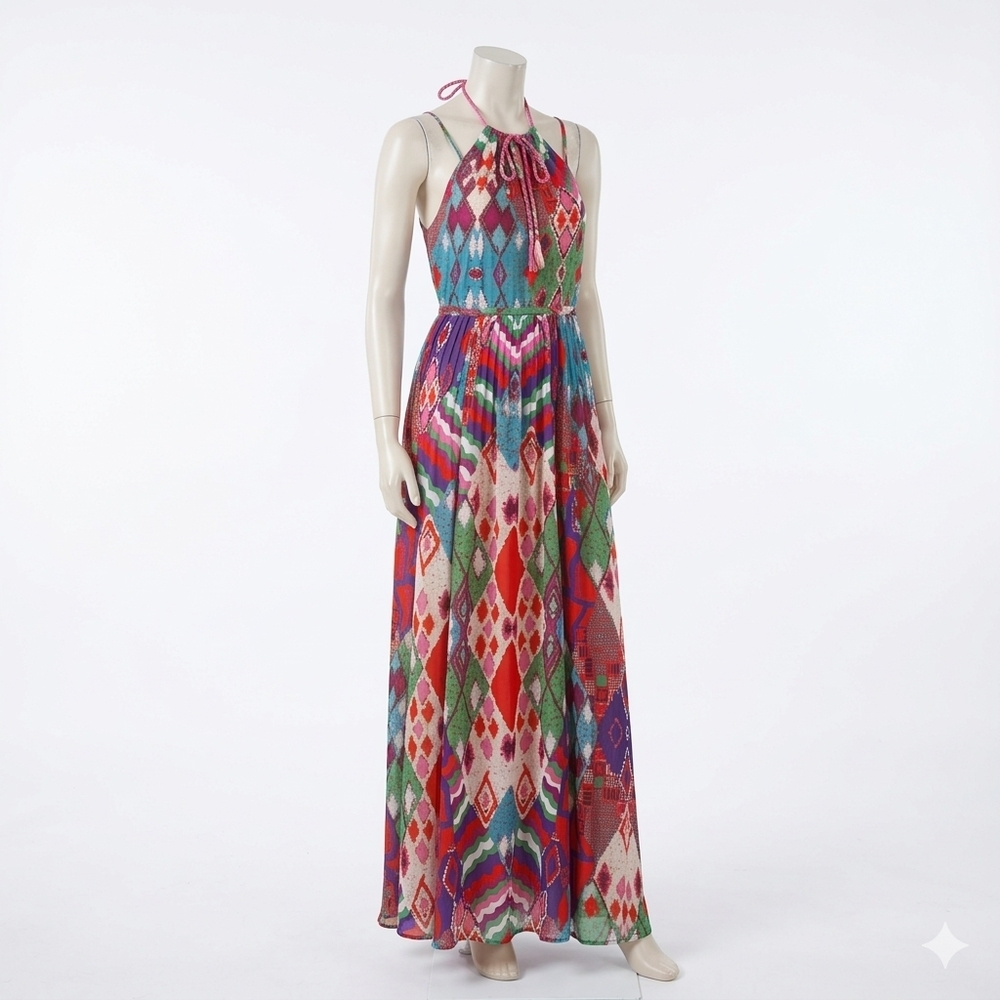 Maeve by Anthropologie Geometric Crisscross Back Maxi Dress Vibrant Boho Size 2